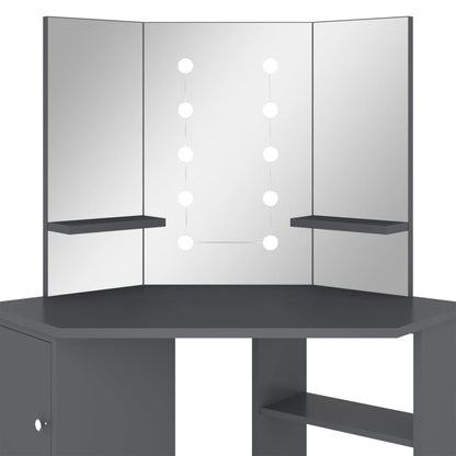 Corner Dressing Table with LED Grey 111x54x141.5 cm