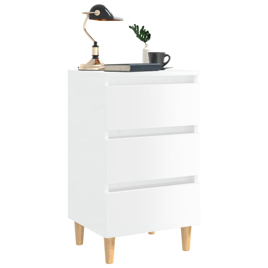 Bed Cabinet with Solid Wood Legs High Gloss White 40x35x69 cm