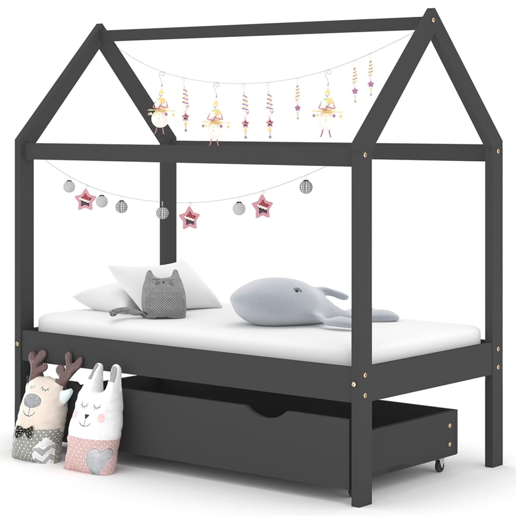 Kids Bed Frame with a Drawer Dark Grey Solid Pine Wood 70x140cm
