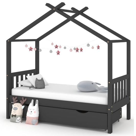 Kids Bed Frame with a Drawer Dark Grey Solid Pine Wood 80x160cm