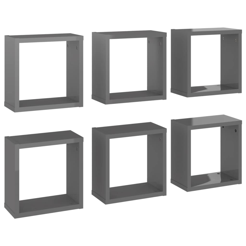 Wall Cube Shelves 6 pcs High Gloss Grey 30x15x30 cm