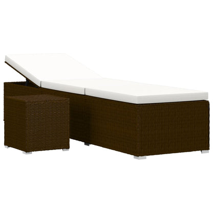 Sun Lounger with Cushion and Tea Table Poly Rattan Brown