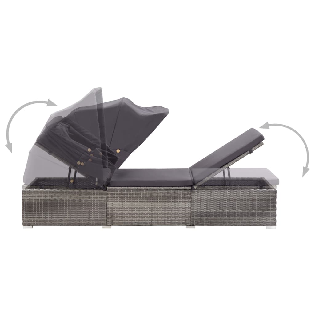 Sun Lounger with Canopy and Cushion Poly Rattan Grey