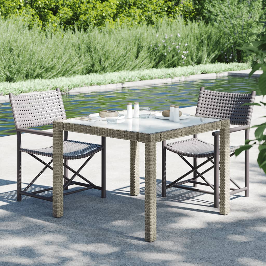 Garden Table 90x90x75 cm Tempered Glass and Poly Rattan Grey