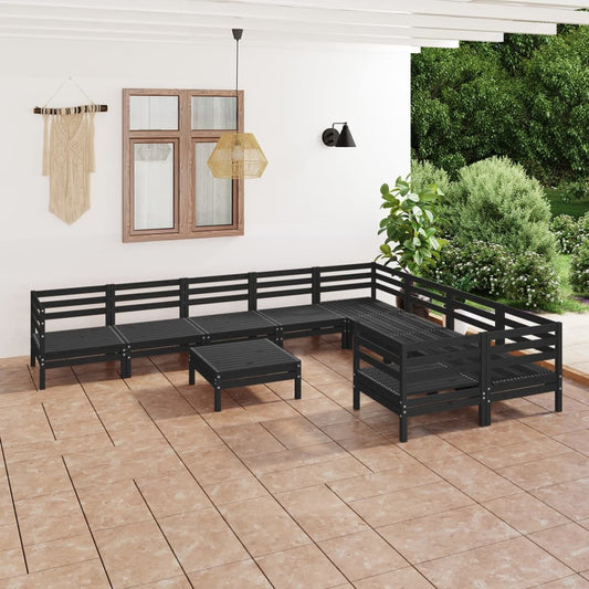10 Piece Garden Lounge Set Black Solid Wood Pine