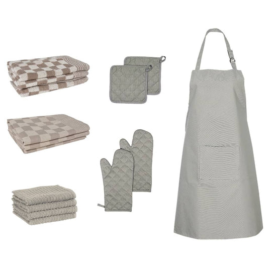 15 Piece Towel Set with Oven Gloves&Pot Holders Grey Cotton
