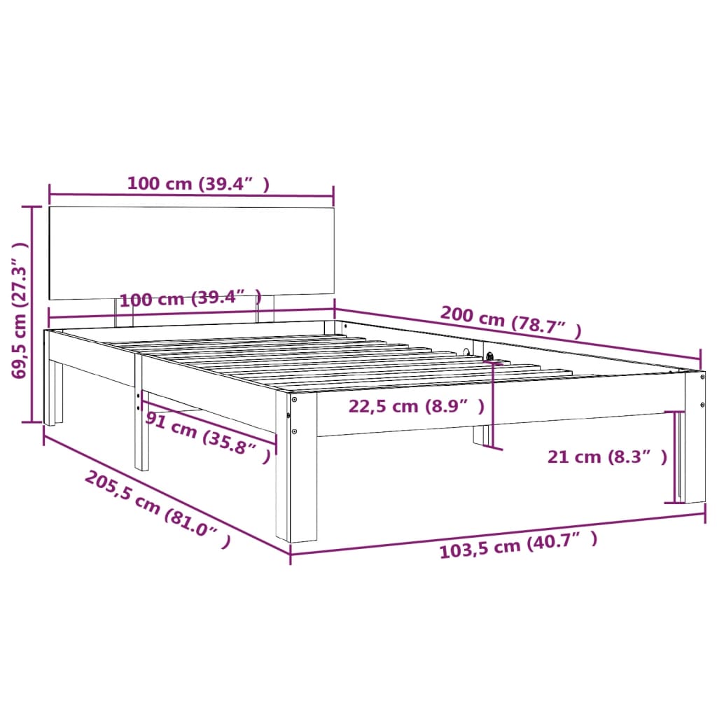 Bed Frame without Mattress Solid Wood Pine 100x200cm