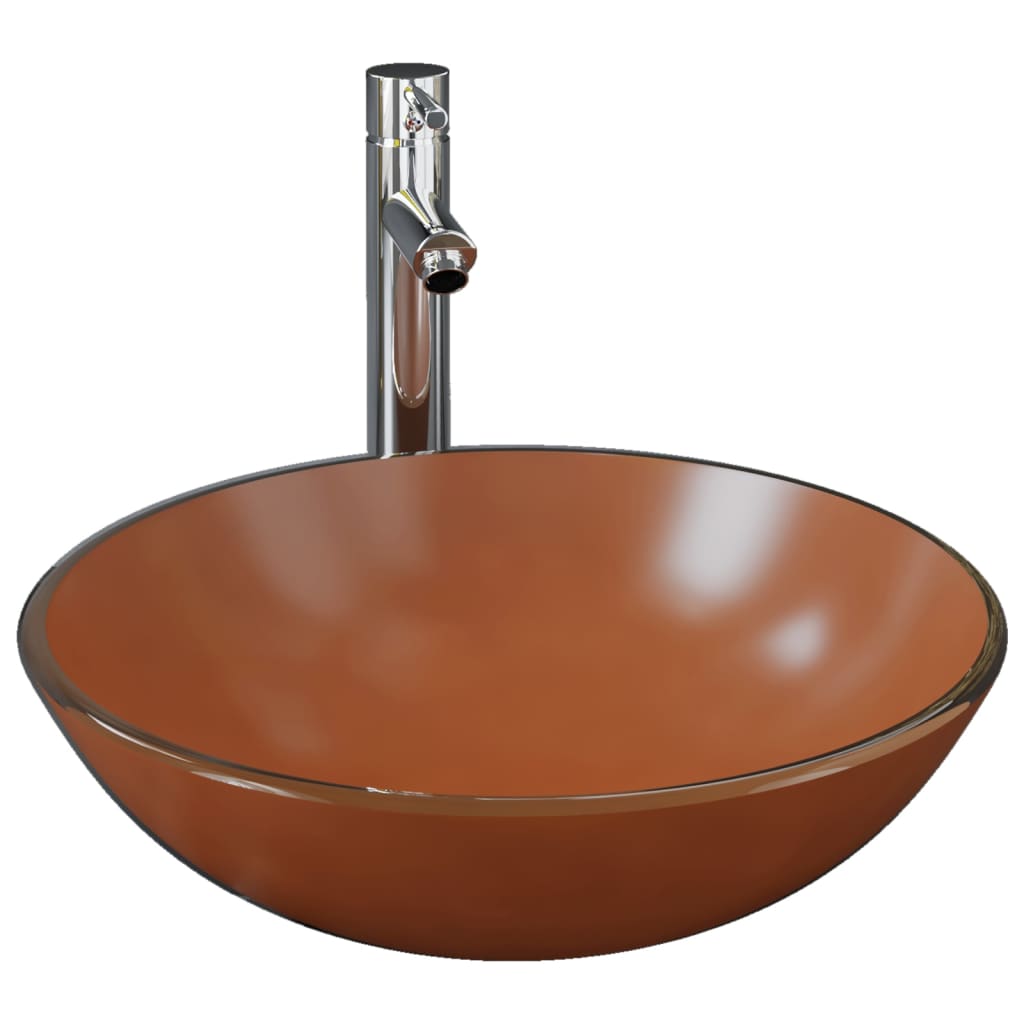 Bathroom Sink with Tap and Push Drain Brown Tempered Glass