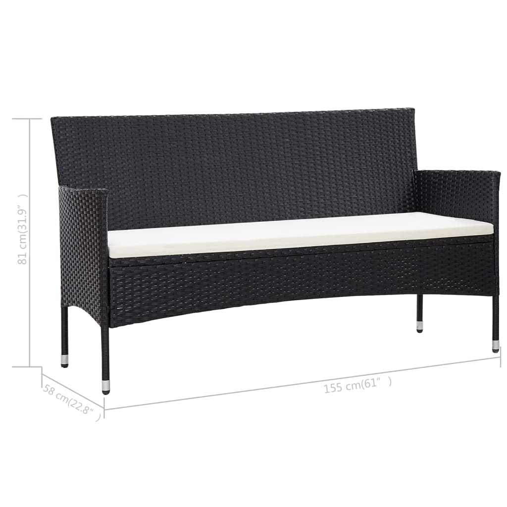 3-Seater Garden Sofa with Cushions Black Poly Rattan