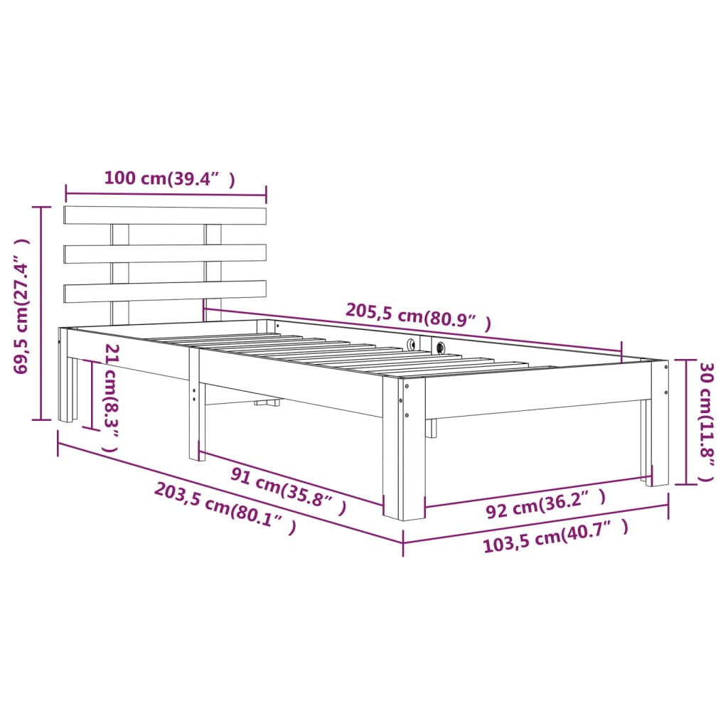 Bed Frame without Mattress White Solid Wood 100x200 cm
