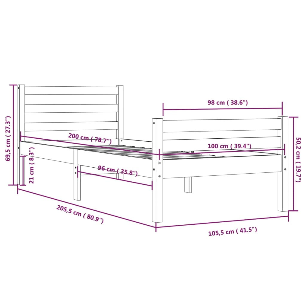 Bed Frame without Mattress Honey Brown Solid Wood 100x200 cm