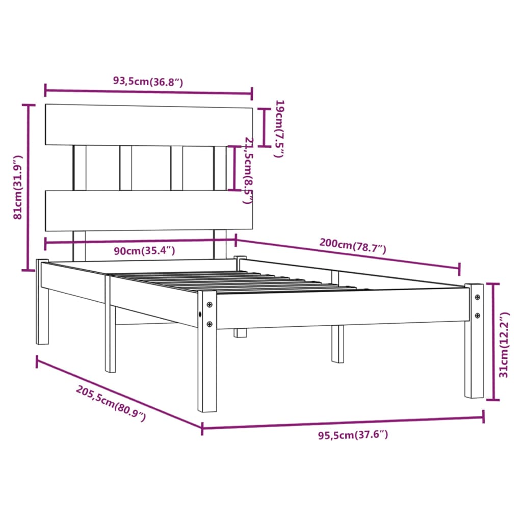 Bed Frame without Mattress White 90x200 cm Solid Wood