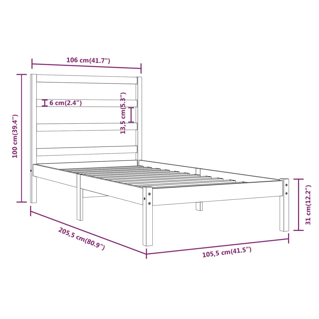 Bed Frame without Mattress Black 100x200 cm Solid Wood Pine