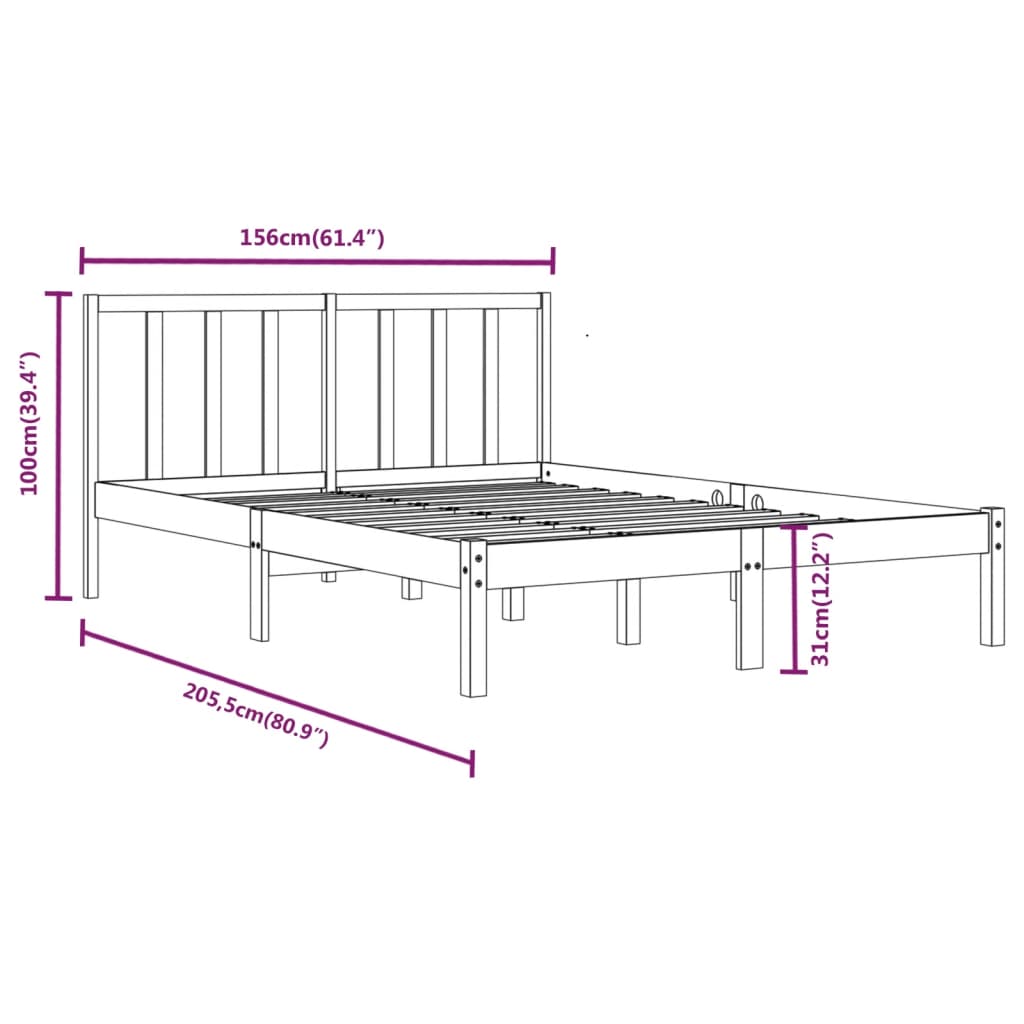 Bed Frame without Mattress Black Solid Wood Pine 150x200 cm King Size