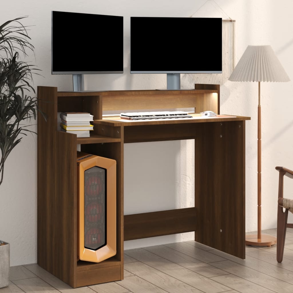 Desk with LED Lights Brown Oak 97x45x90 cm Engineered Wood