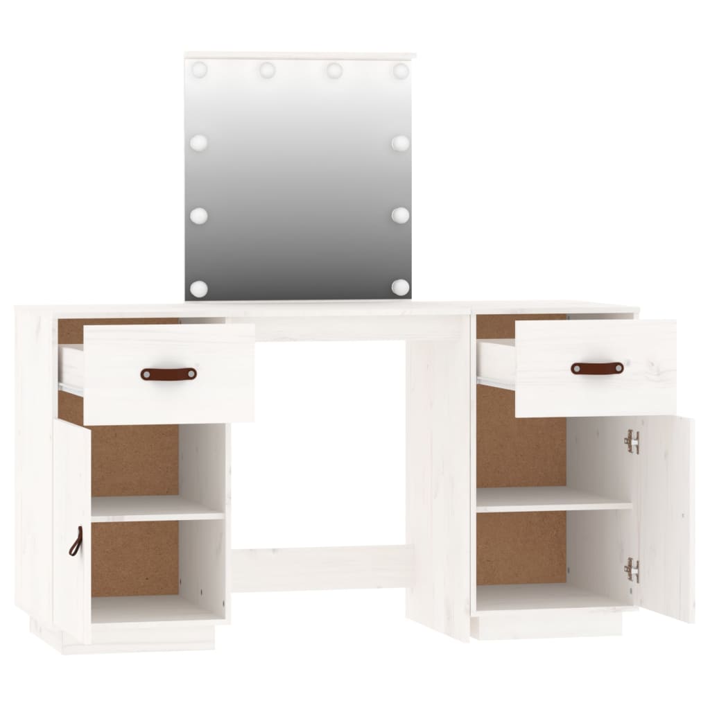 Dressing Table Set with LED White Solid Wood Pine