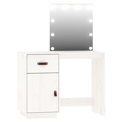 Dressing Table Set with LED White Solid Wood Pine