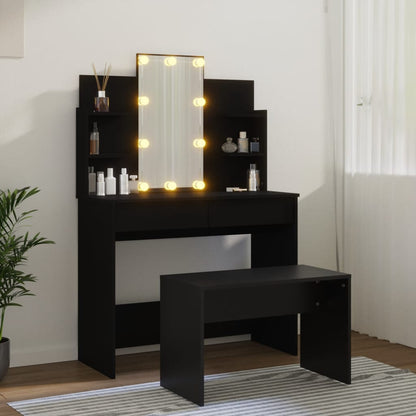 Dressing Table Set with LED Black Engineered Wood