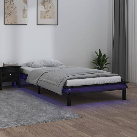 LED Bed Frame Black 100x200 cm Solid Wood