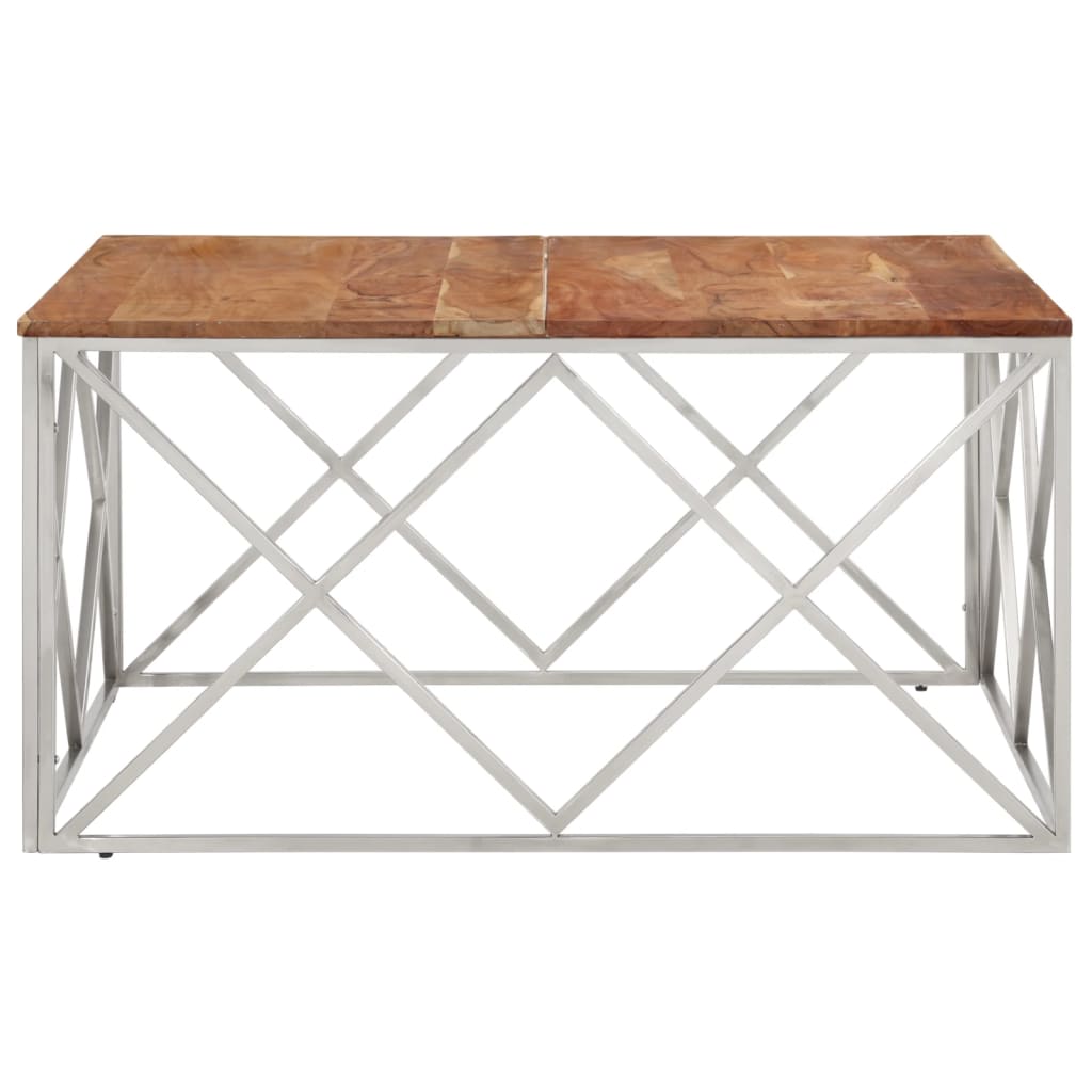 Coffee Table Silver Stainless Steel and Solid Acacia Wood