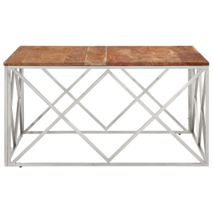Coffee Table Silver Stainless Steel and Solid Acacia Wood