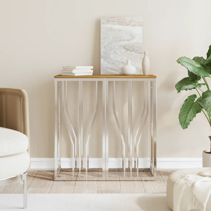 Console Table Silver Stainless Steel and Solid Wood Acacia
