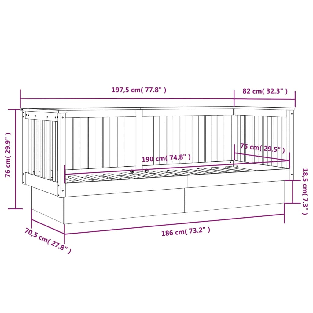 Day Bed without Mattress Black 75x190 cm Small Single Solid Wood Pine