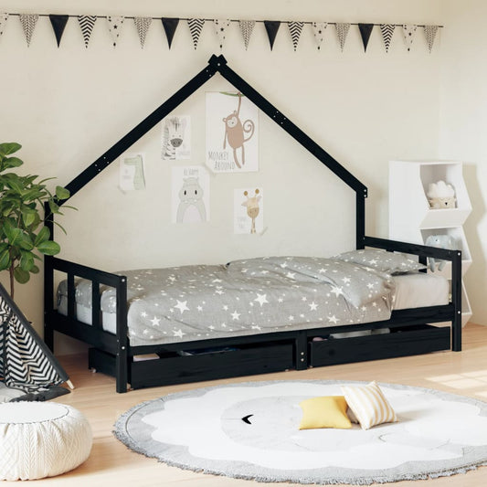 Kids Bed Frame with Drawers Black 90x190 cm Solid Wood Pine