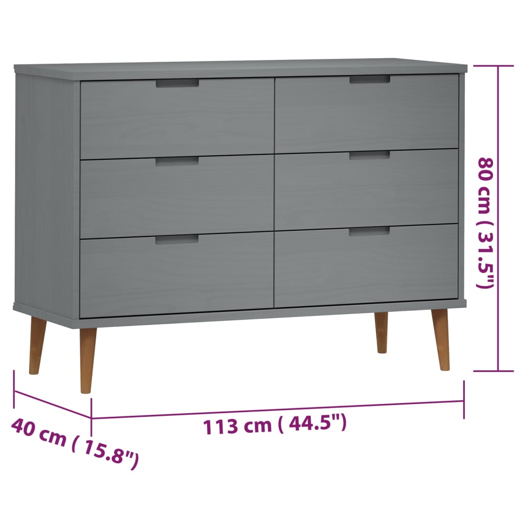 Drawer Cabinet MOLDE Grey 113x40x80 cm Solid Wood Pine