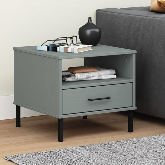 Bedside Table with Metal Legs Grey Solid Wood Pine OSLO