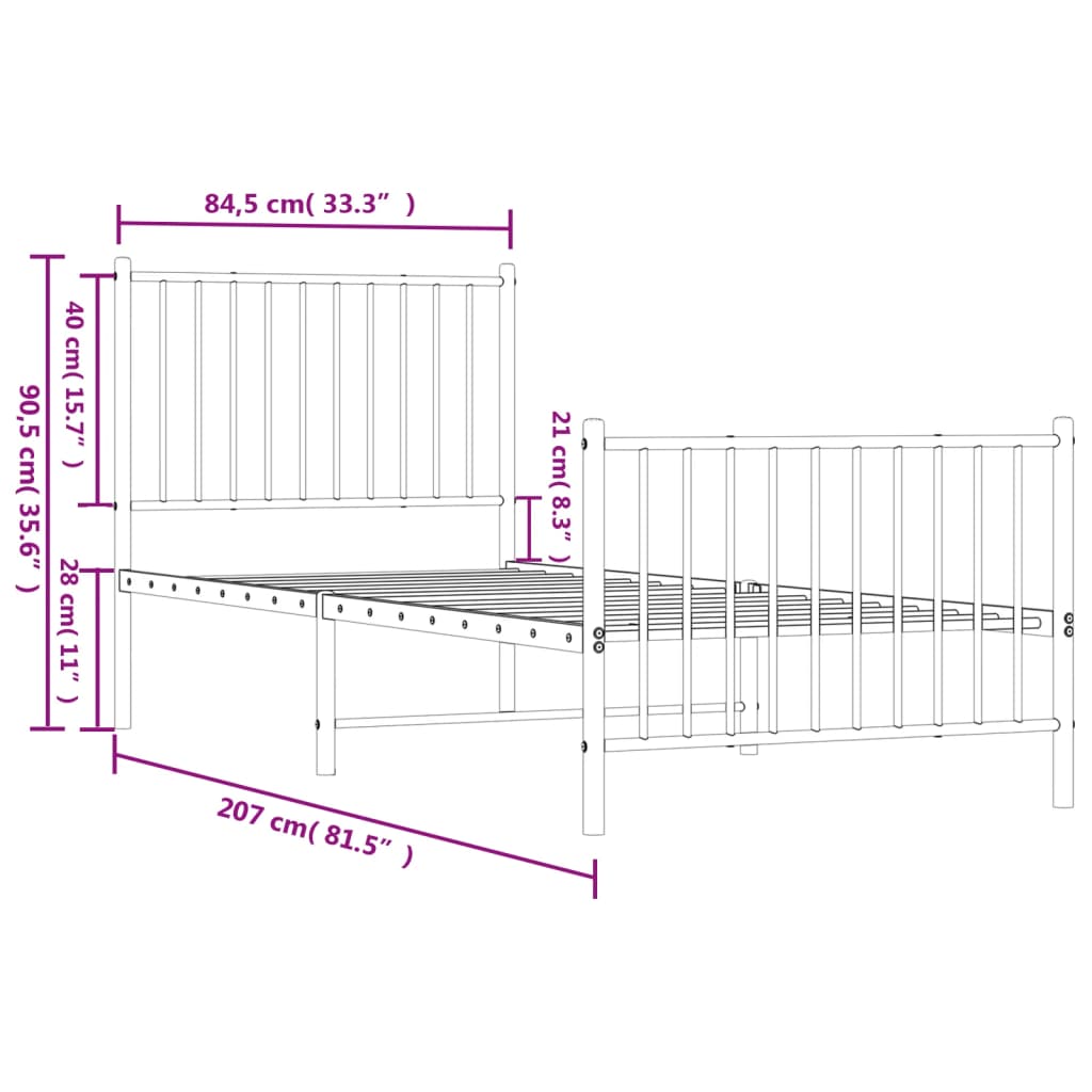 Metal Bed Frame without Mattress with Footboard Black 80x200cm
