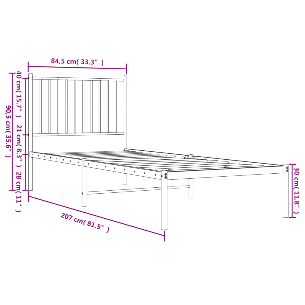 Metal Bed Frame without Mattress with Headboard White 80x200cm