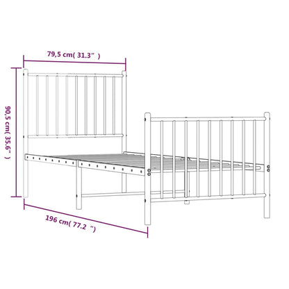 Metal Bed Frame without Mattress with Footboard White 75x190cm