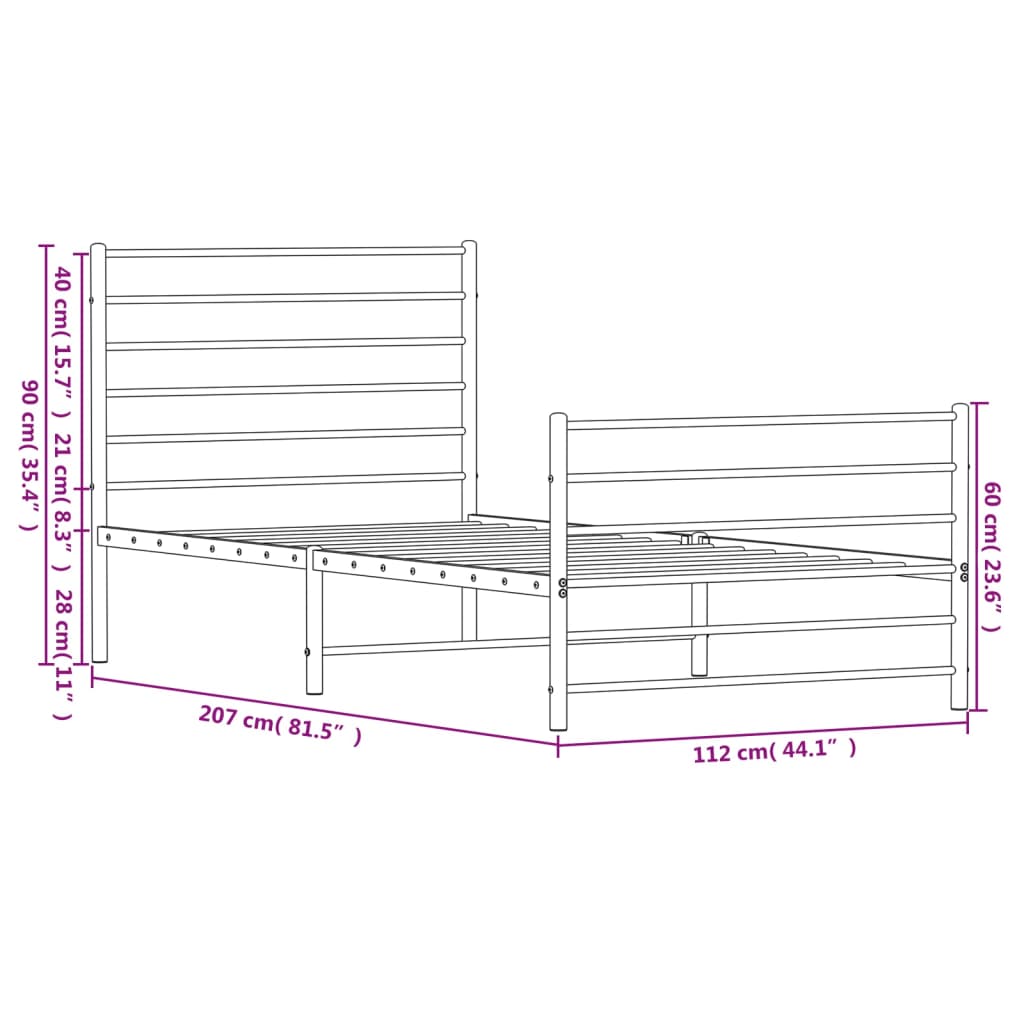 Metal Bed Frame without Mattress with Footboard White 107x203cm