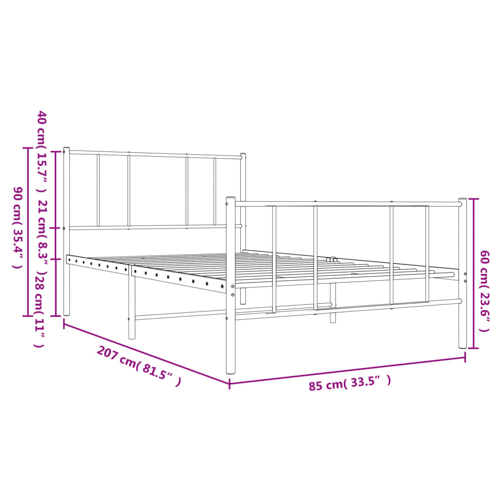 Metal Bed Frame without Mattress with Footboard Black 80x200cm