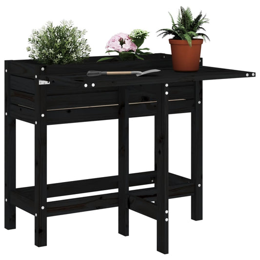 Garden Planter with Folding Tabletop Black Solid Wood Pine