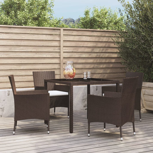 5 Piece Garden Dining Set with Cushions Brown Poly Rattan