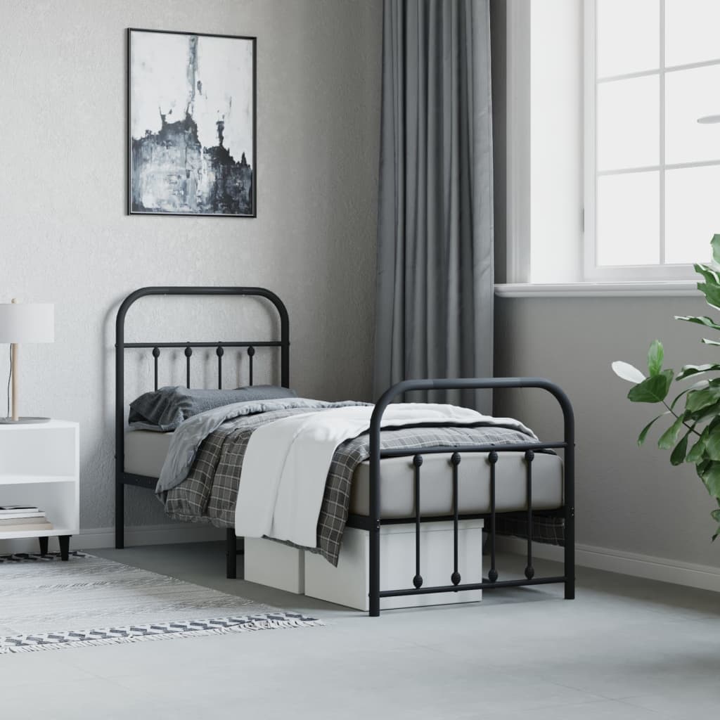 Metal Bed Frame without Mattress with Footboard Black 75x190cm