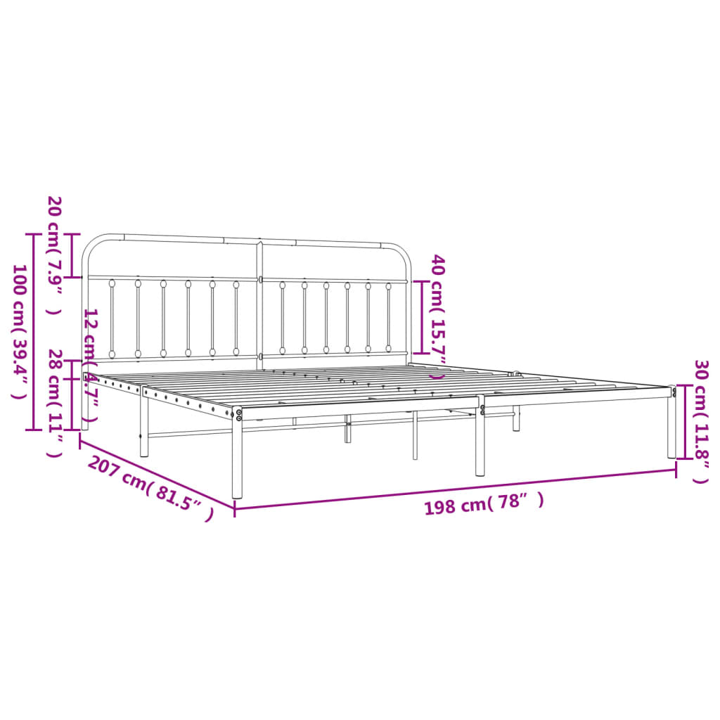 Metal Bed Frame without Mattress with Headboard White 193x203cm