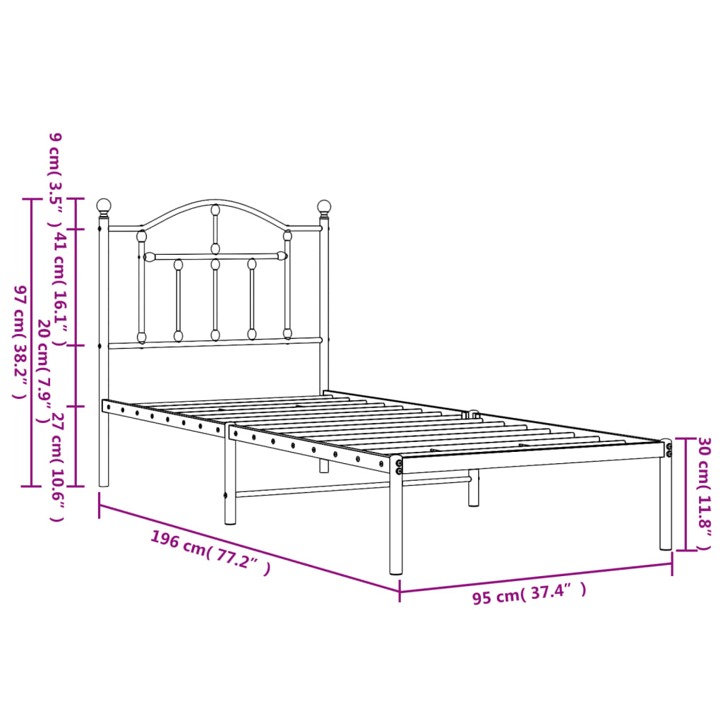 Metal Bed Frame without Mattress with Headboard White 90x190cm