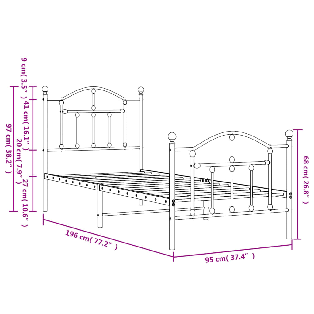 Metal Bed Frame without Mattress with Footboard White 90x190cm