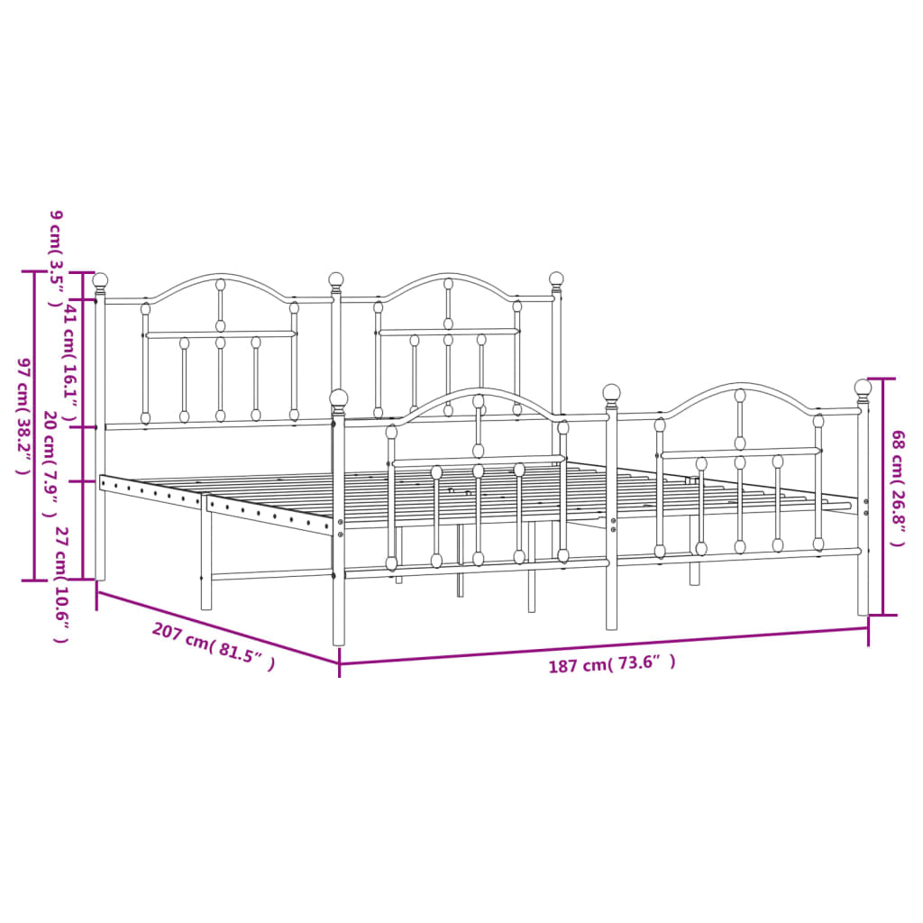 Metal Bed Frame without Mattress with Footboard White 180x200cm