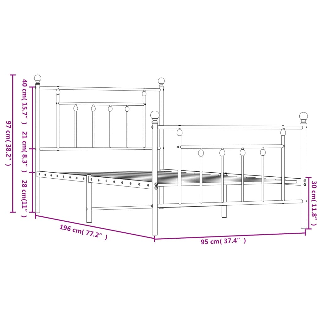 Metal Bed Frame without Mattress with Footboard White 90x190cm