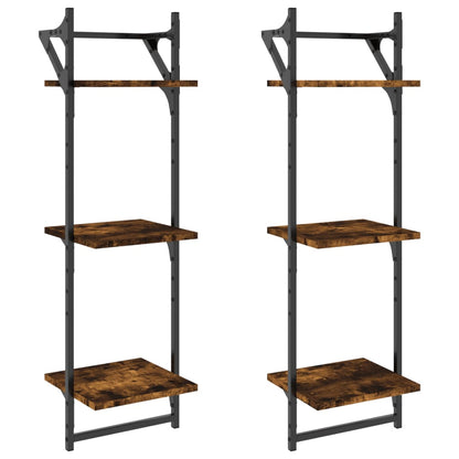 3-Tier Wall Shelves with Bars 2 pcs Smoked Oak 30x25x100 cm