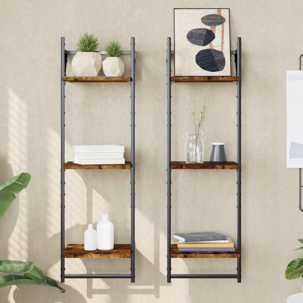 3-Tier Wall Shelves with Bars 2 pcs Smoked Oak 30x25x100 cm