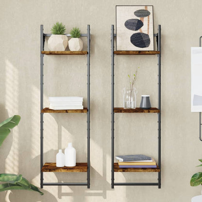 3-Tier Wall Shelves with Bars 2 pcs Smoked Oak 30x25x100 cm