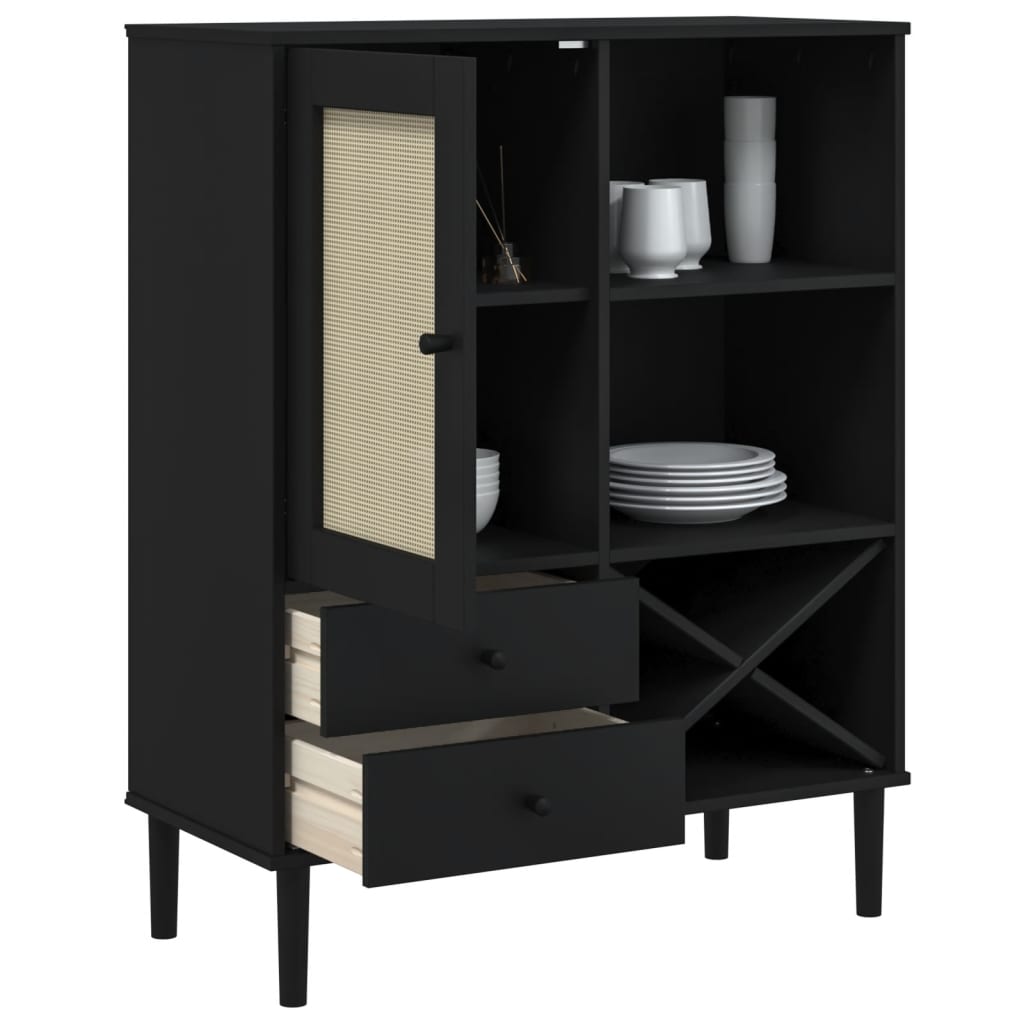 Highboard SENJA Rattan Look Black 90x40x112cm Solid Wood Pine