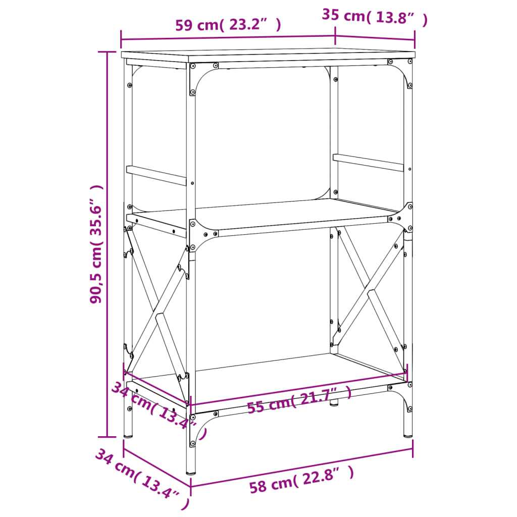 Bookcase 3-Tier Grey Sonoma 59x35x90.5 cm Engineered Wood