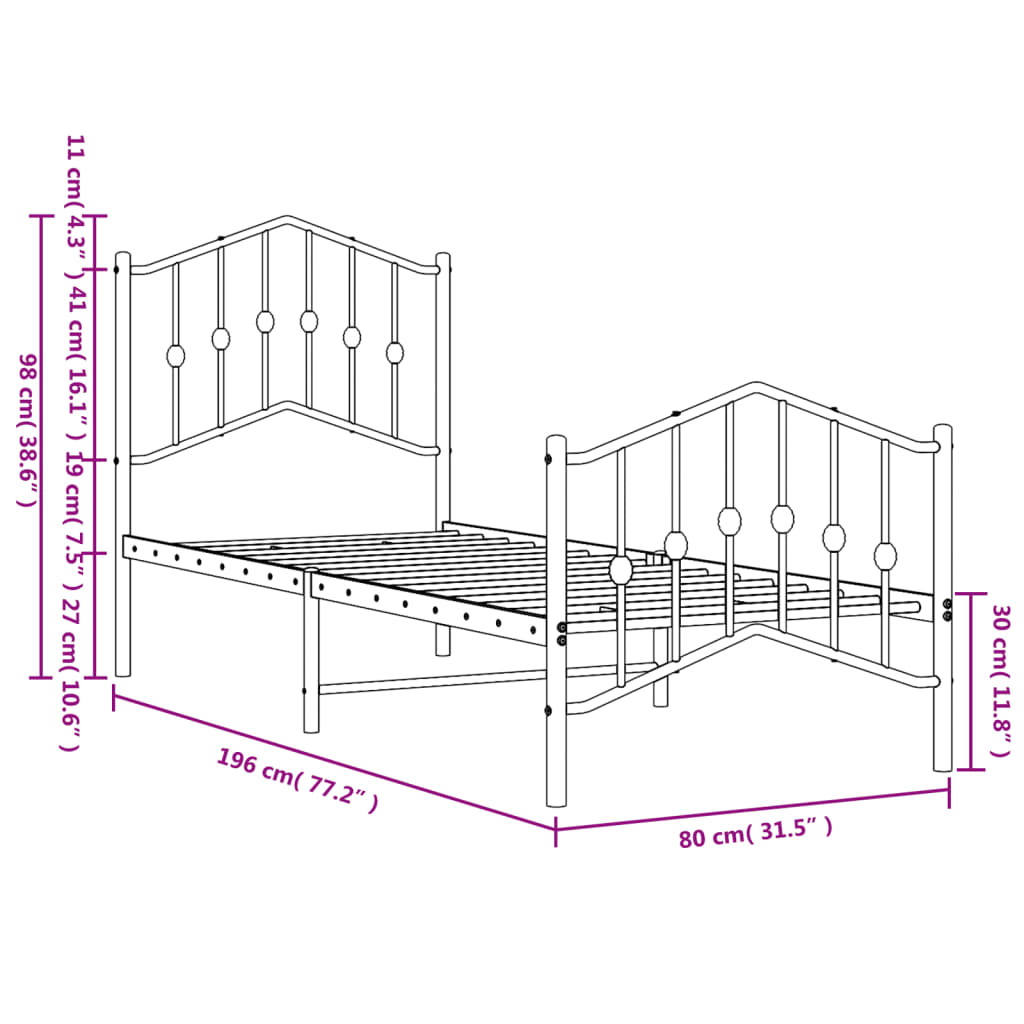 Metal Bed Frame without Mattress with Footboard White 75x190cm