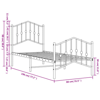 Metal Bed Frame without Mattress with Footboard White 75x190cm